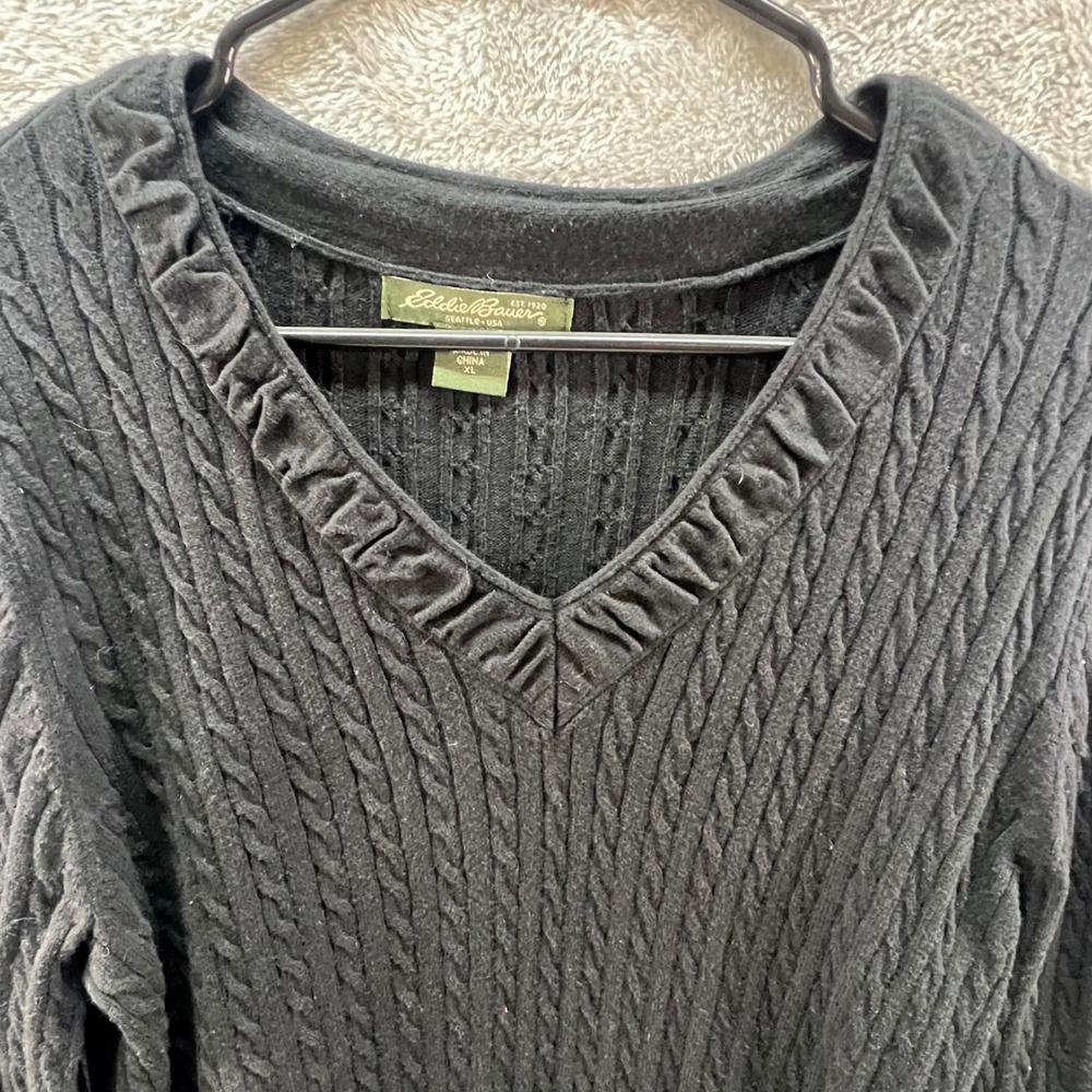 Eddie Bauer XL Black Cable Knit Ruffle Trim Granola Girl‎ Cozychic Dark Academia